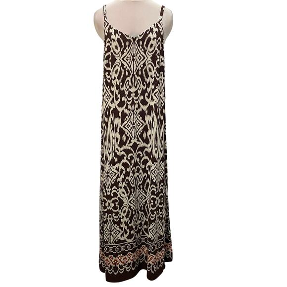 MSK Chocolate Brown Cream Sleeveless Maxi Dress MEDIUM Rayon Flowy Boho Hippie - Picture 2 of 6